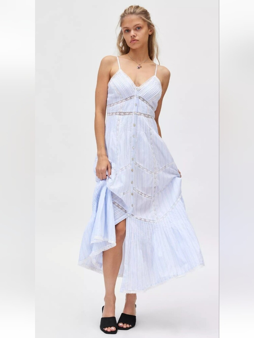 LoveShackFancy Light Blue Lace-Trim Maxi Dress